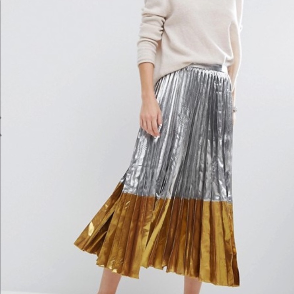 ASOS Metallic Pleated Skirt Silver and Gold